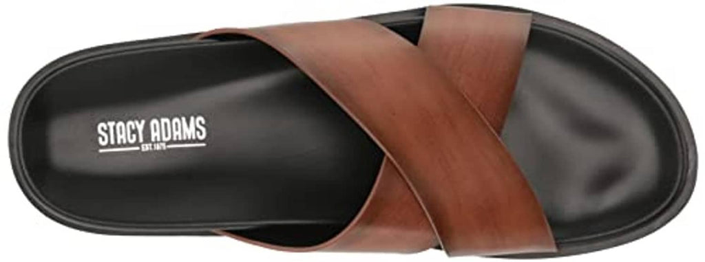 Brown slide sandal interior view with black footbed and wide cross strap