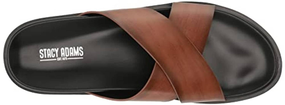 Brown slide sandal interior view with black footbed and wide cross strap