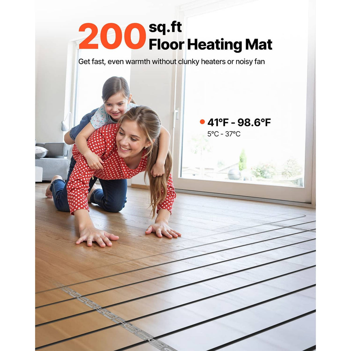 Underfloor floor heating mat with black cable grid laid on tile underlayment
