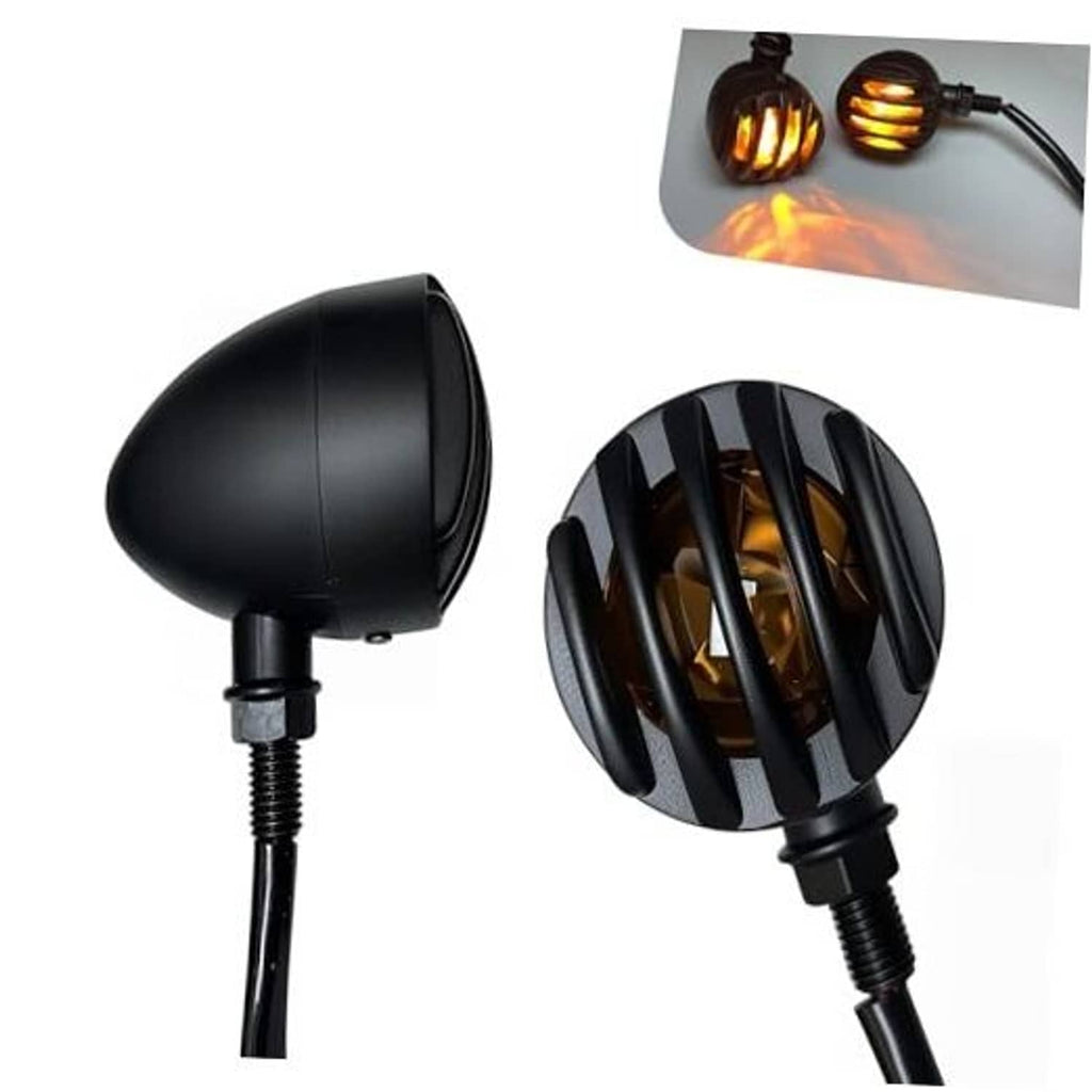 Set of 2 retro-style motorcycle LED turn signals with black housings and amber glow