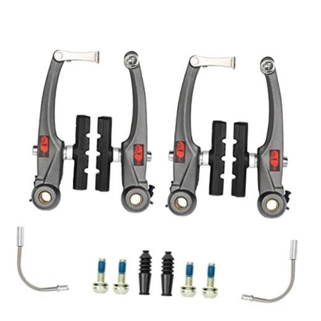 Pair of dark gray bicycle V brakes with black brake pads and mounting arms