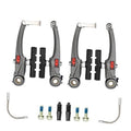 Pair of dark gray bicycle V brakes with black brake pads and mounting arms