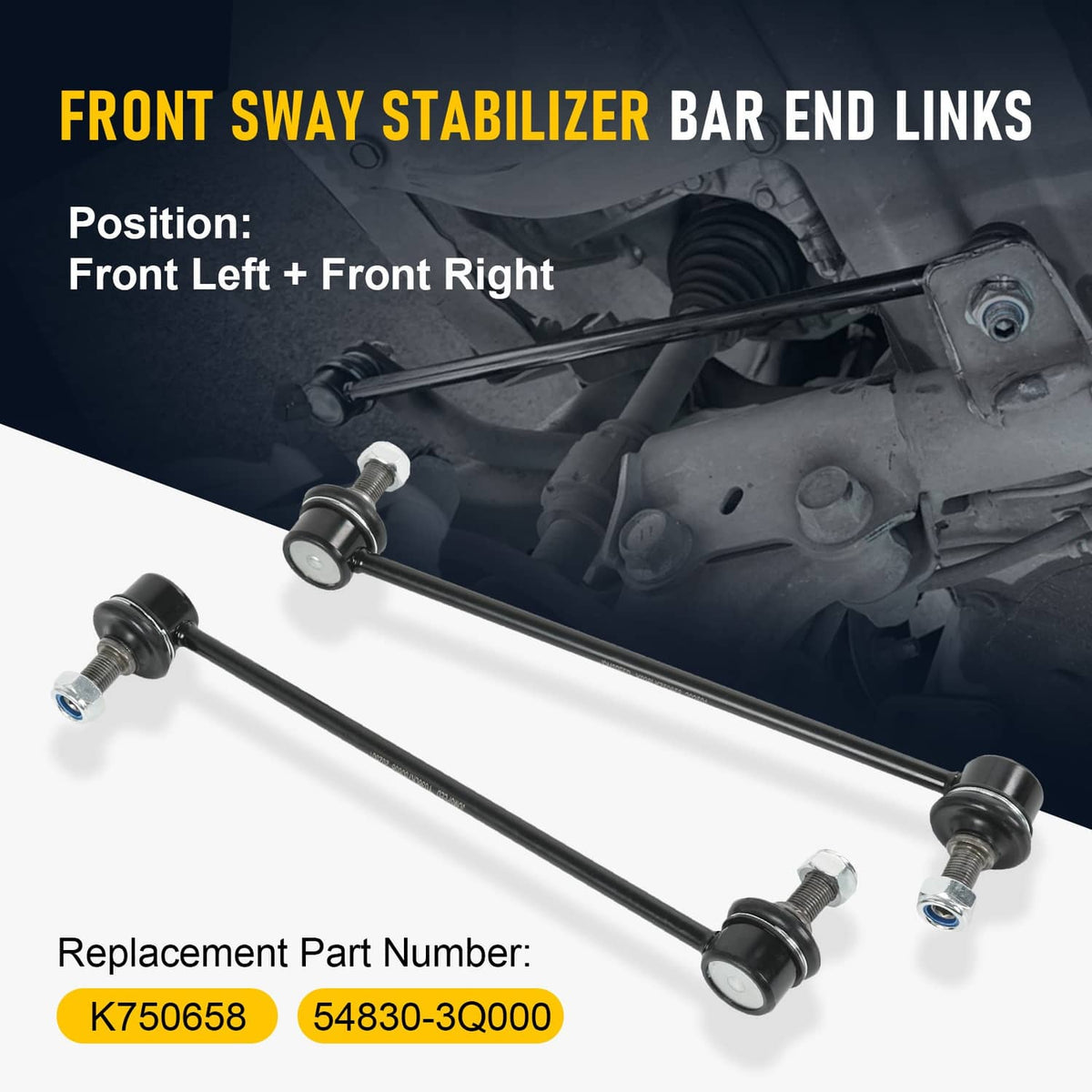 Installed front sway bar end links with black rods and rubber bushings, hex bolt hardware