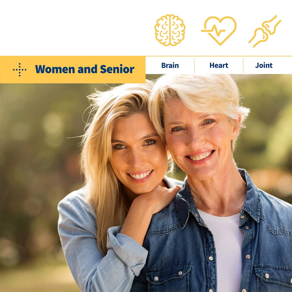 Smiling older woman and adult with omega-3 supplement icons for brain and heart