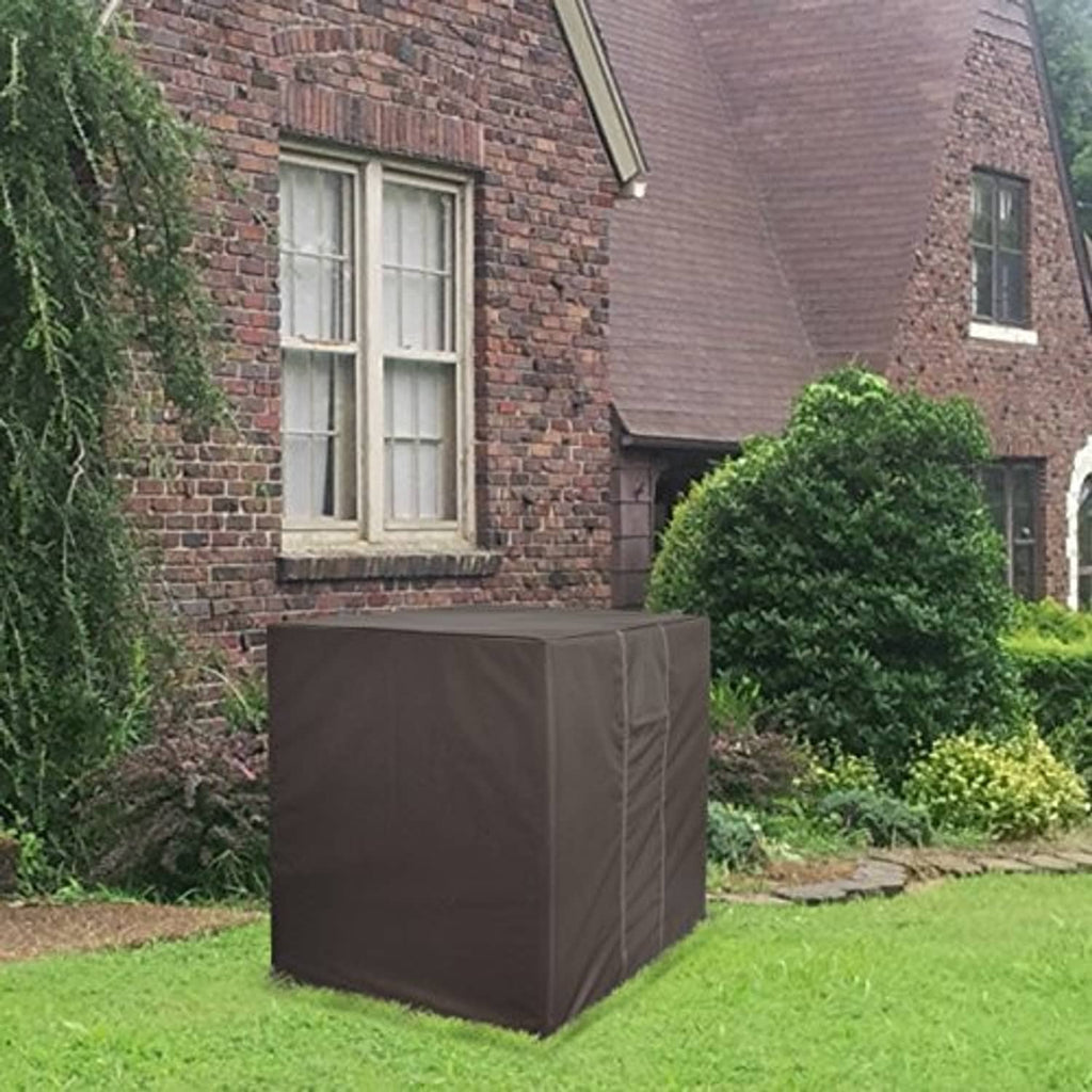 Brown outdoor air conditioner cover protecting a central AC unit on a lawn.