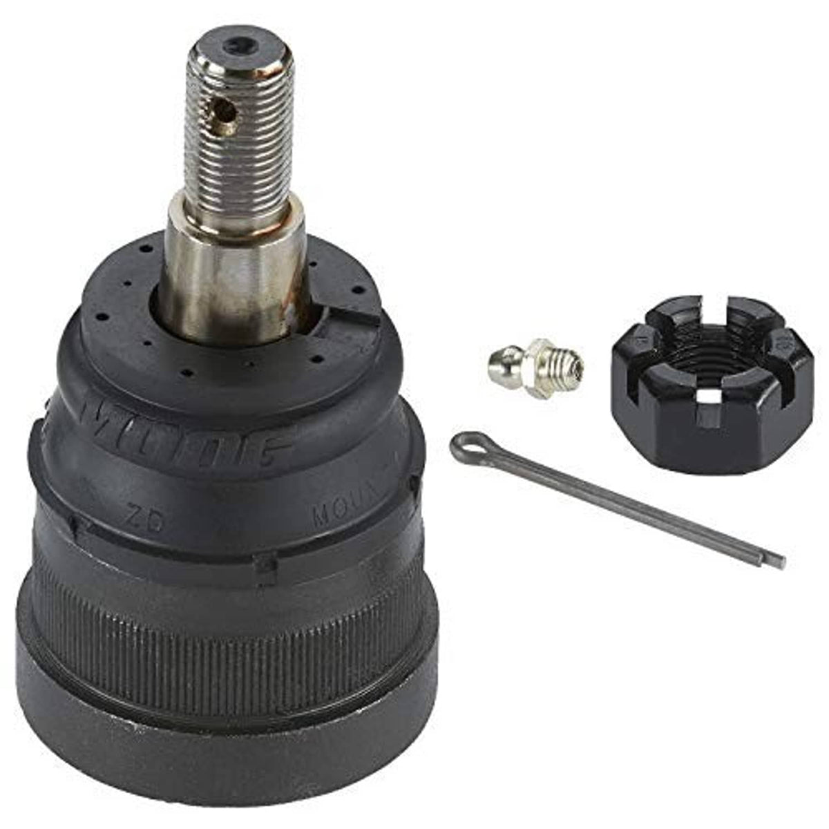 Front suspension ball joint with black boot, threaded stud, nut, and cotter pin