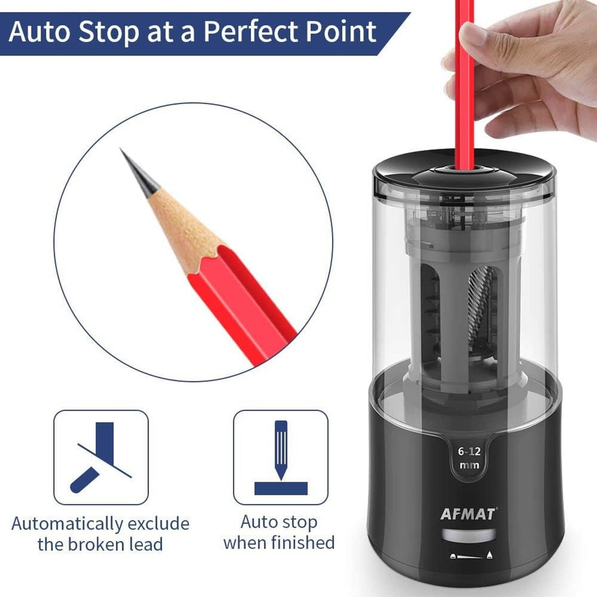 Electric pencil sharpener with auto-stop feature and a hand inserting a pencil