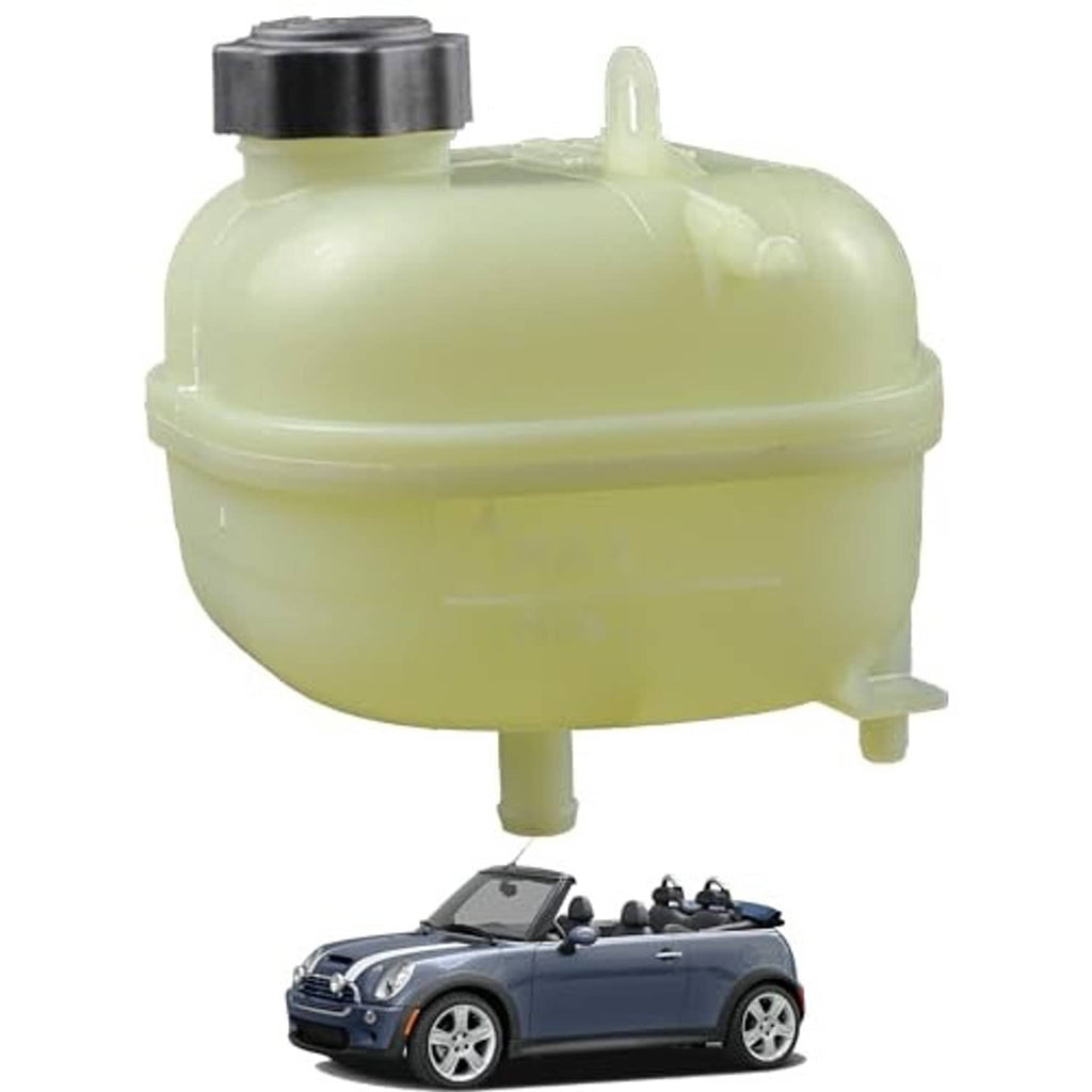 Engine coolant overflow reservoir tank with cap, translucent pale green, angled view