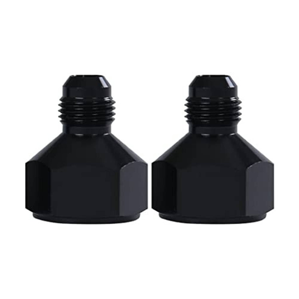 Two black AN flare reducer adapters with external threads and wide hex ends