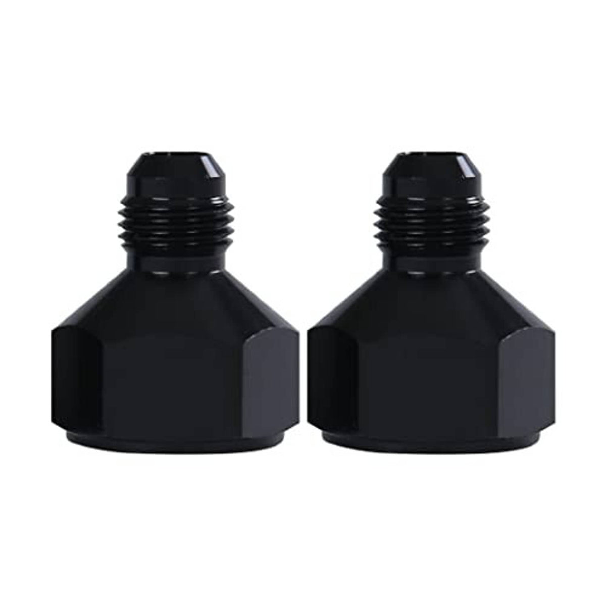 Two black AN flare reducer adapters with external threads and wide hex ends