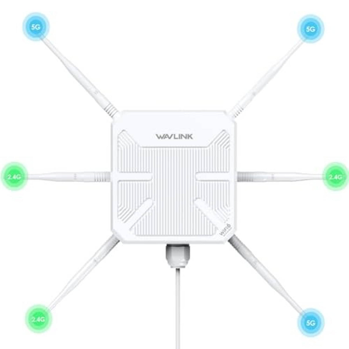 White Wi‑Fi 6 extender with four antennas and front panel details