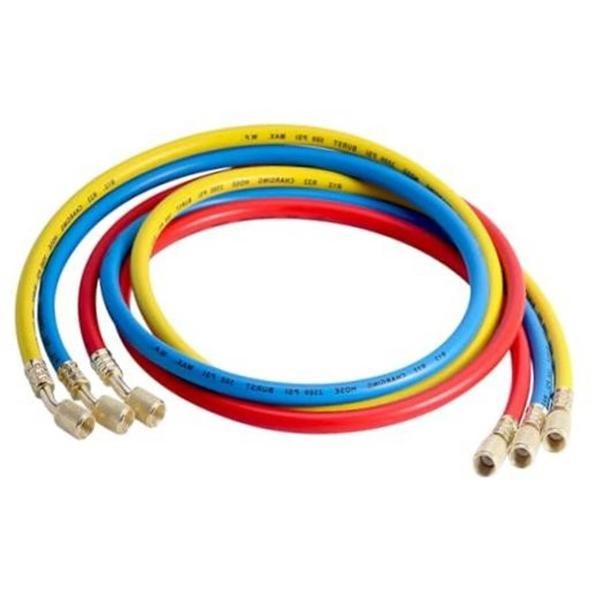 AC manifold gauge hose kit with three colored hoses and brass end fittings