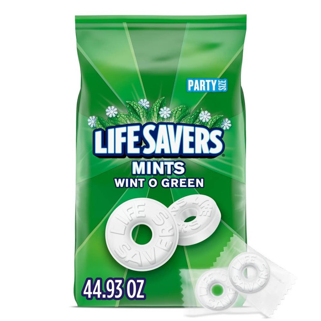 LIFESAVERS Wint-O-Green mints pack with green bag and white mint discs