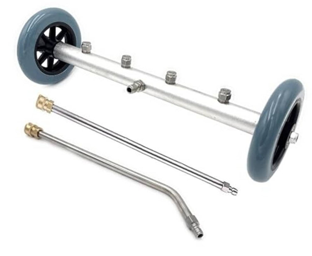Undercarriage pressure washer cleaner wand with two blue wheels and dual spray arms