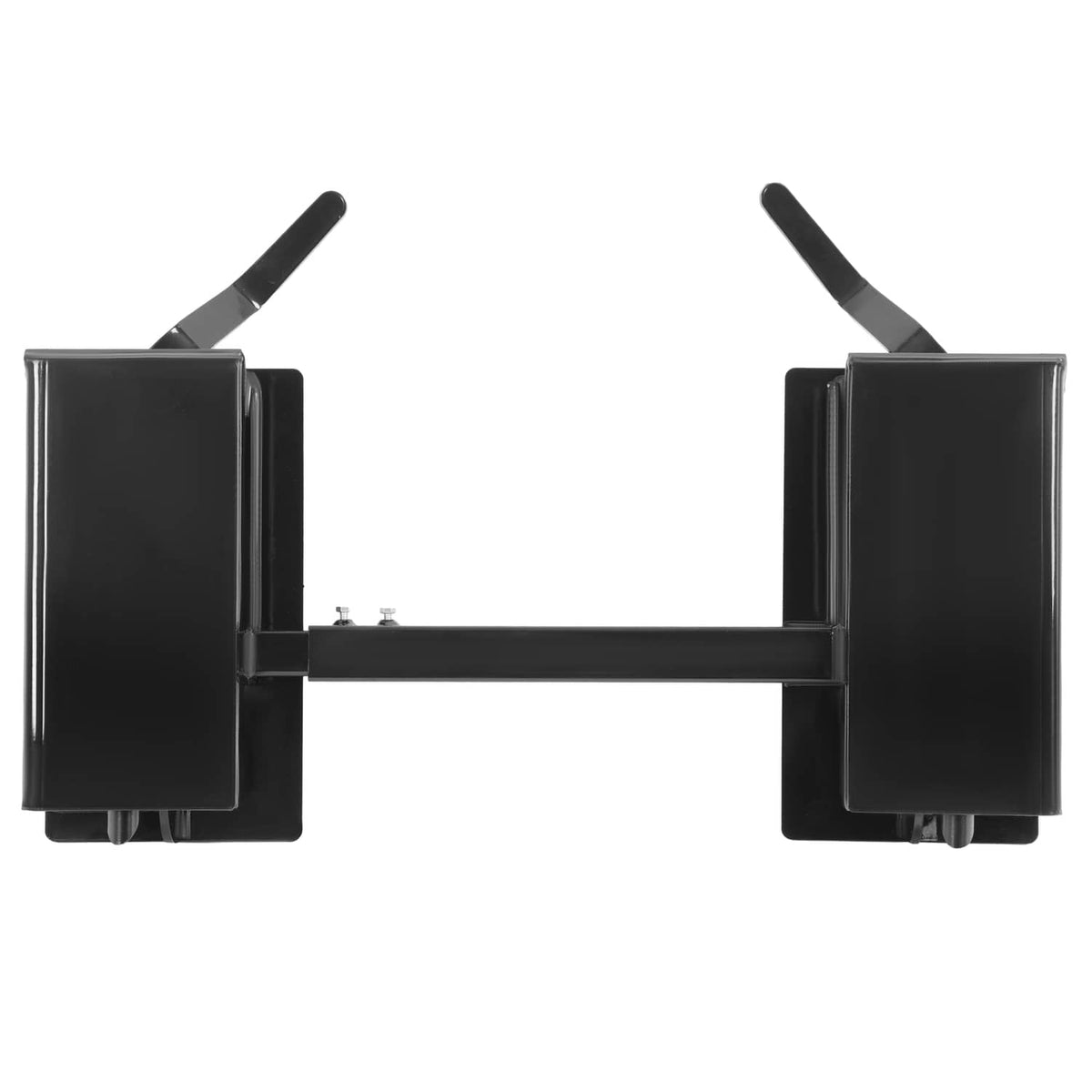 Adjustable skid-steer quick attach adapter with two side plates and connecting bar, black steel