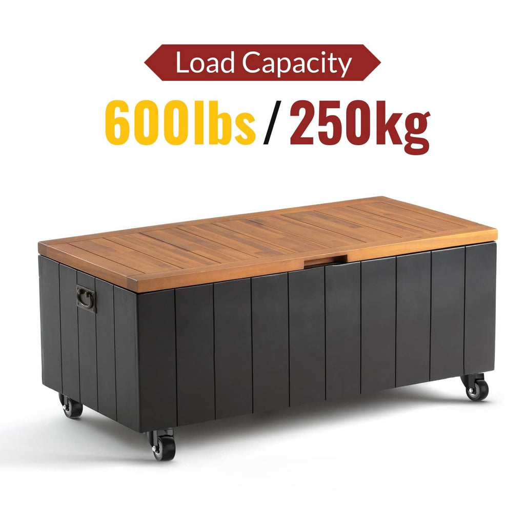 Heavy load caster wheels mounted on a wooden top cabinet base, black wheel housings