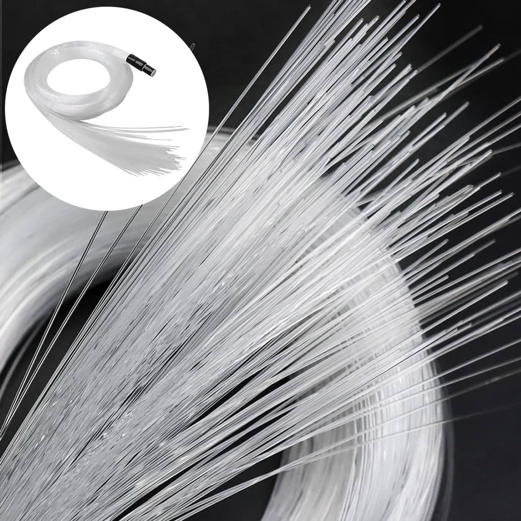White clear fiber optic light strands bundled together, close-up showing filament tips