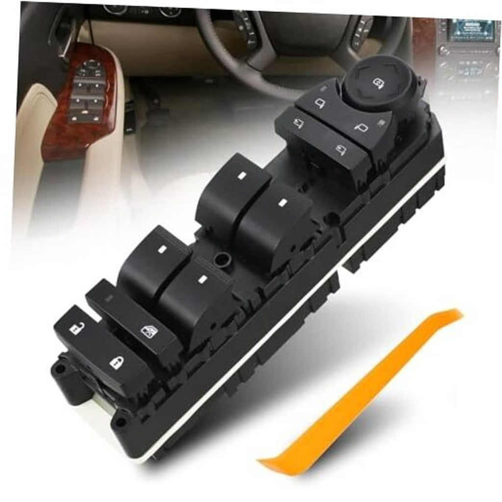 Black power window and mirror control switch panel with rocker buttons and circular selector