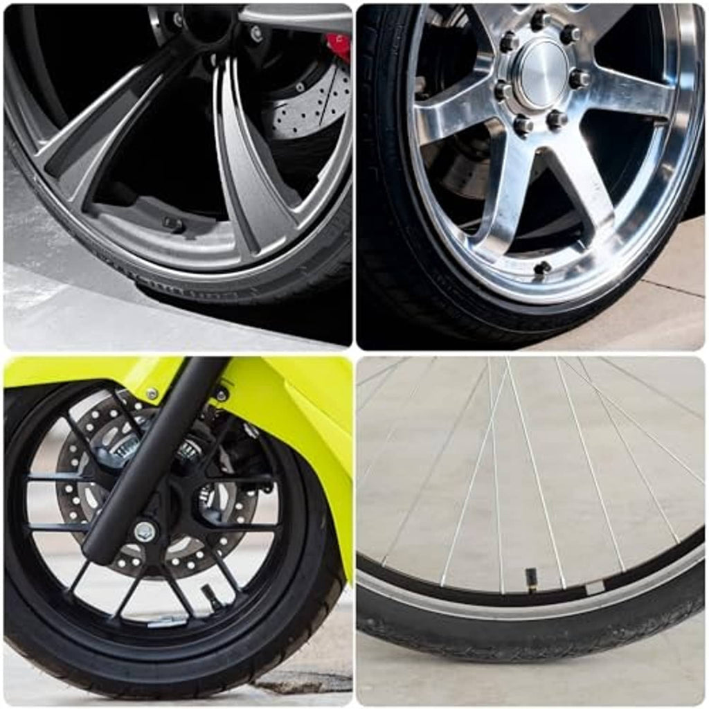 Black tire valve stem caps on car and motorcycle wheels, showing capped valve ends