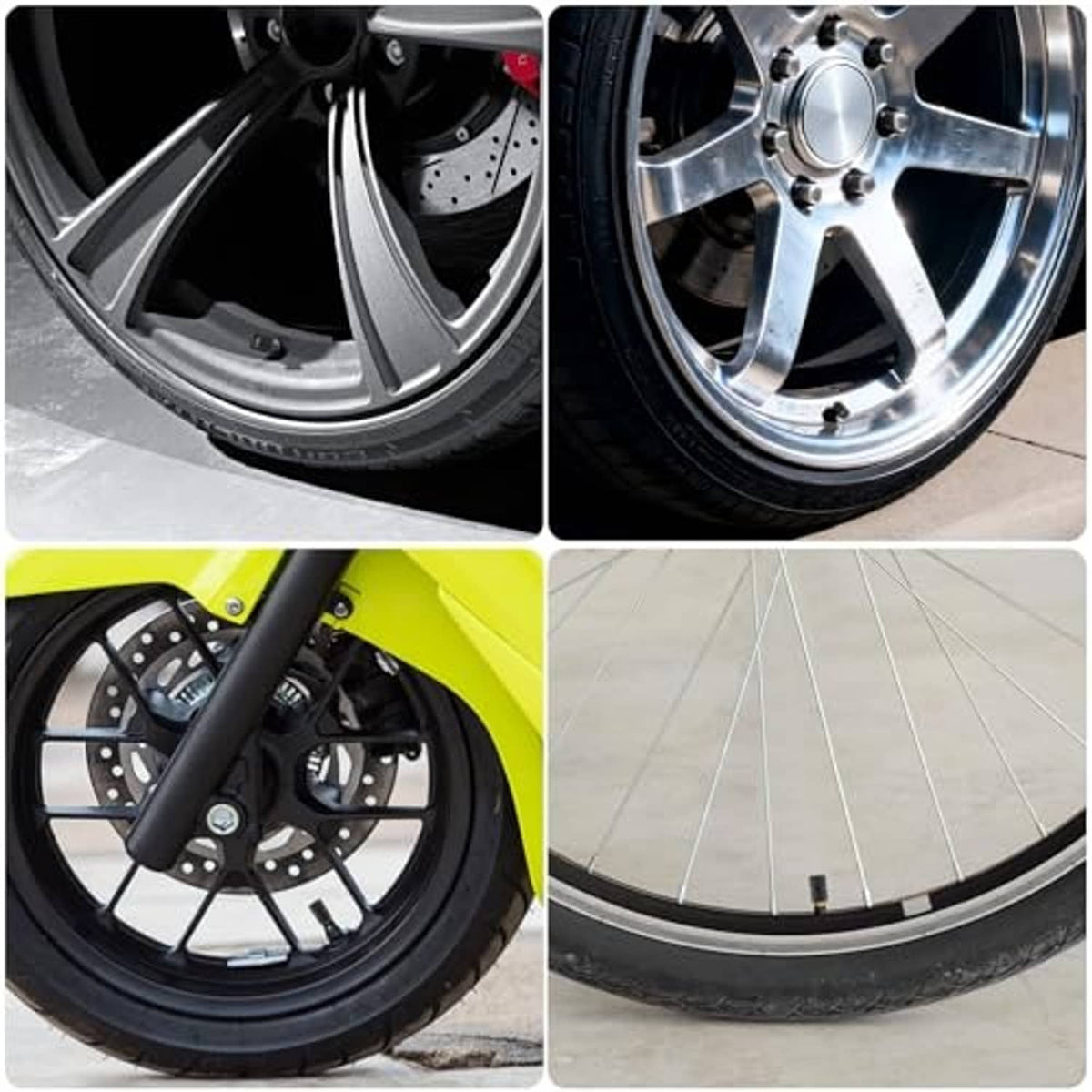 Black tire valve stem caps on car and motorcycle wheels, showing capped valve ends