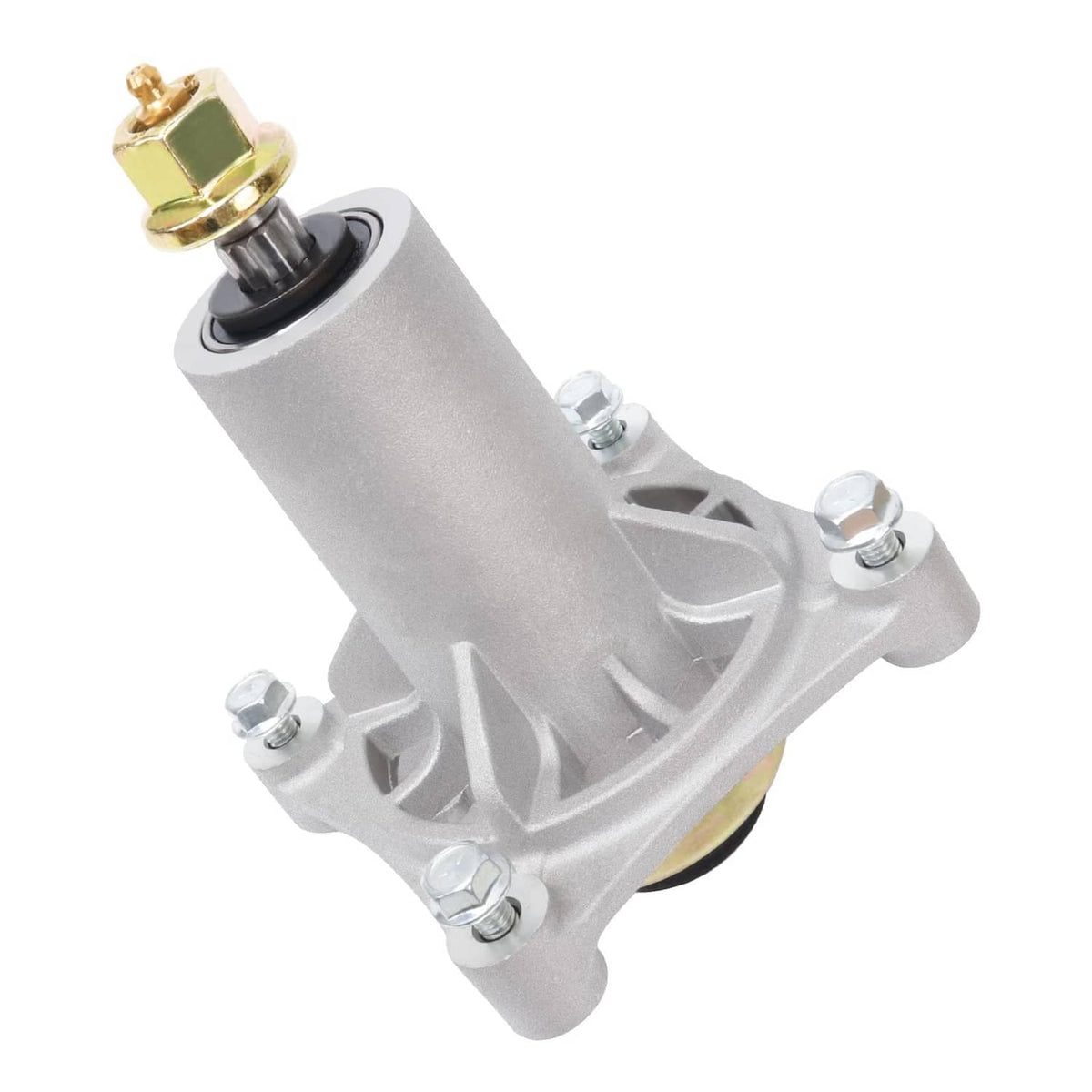 Lawn mower spindle assembly with silver housing and gold top fitting