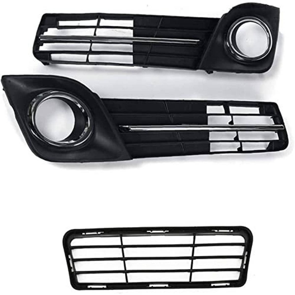 Front bumper fog light and center grille set, black with chrome-ring openings and slats