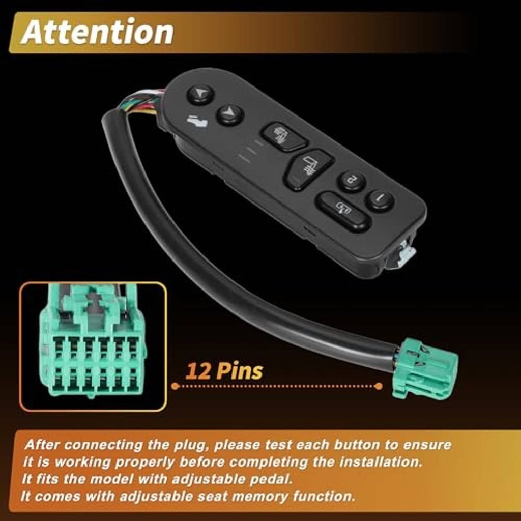 Black seat heater switch with 12-pin connector and button panel, green plug
