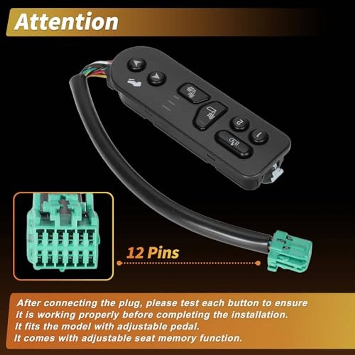 Black seat heater switch with 12-pin connector and button panel, green plug