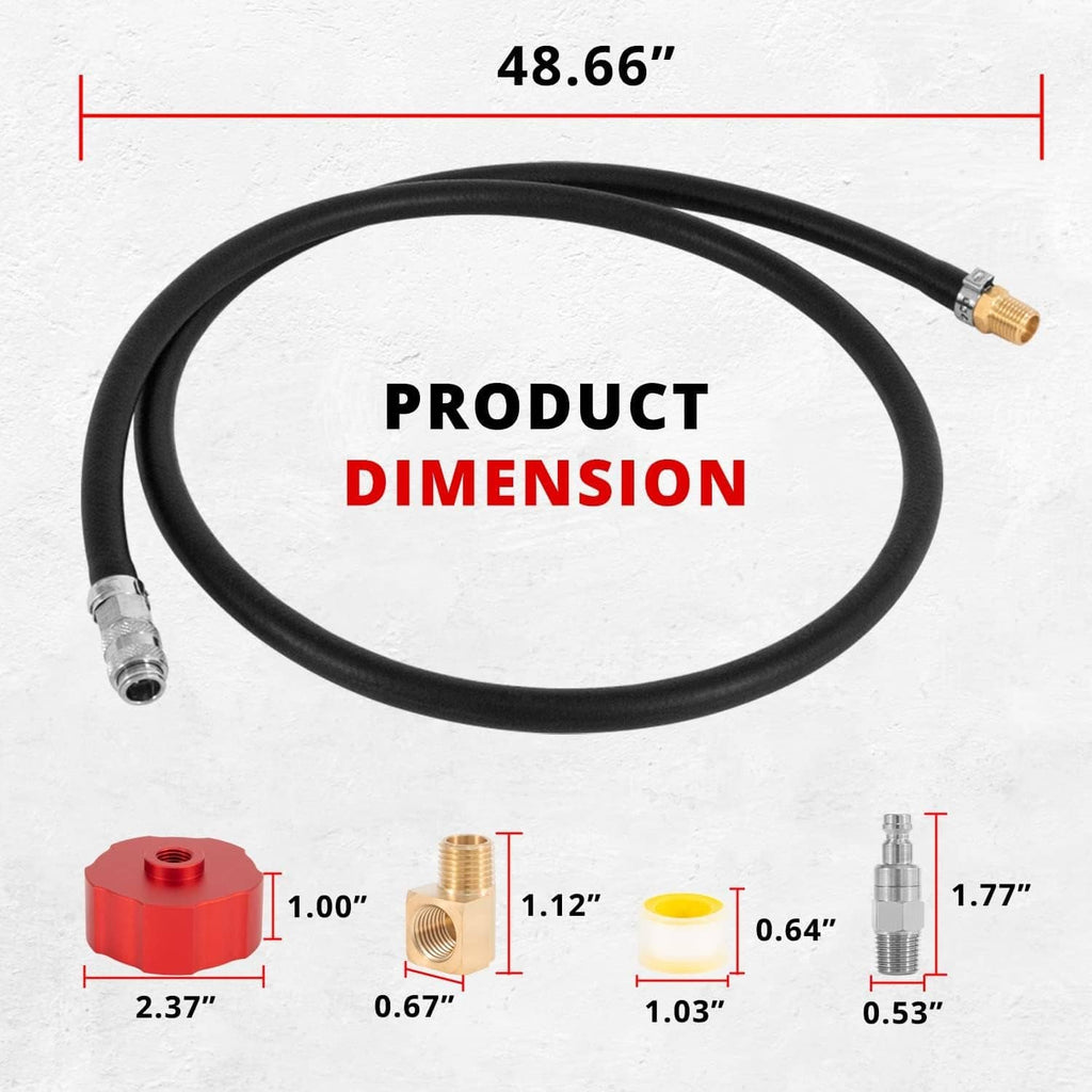 Fuel hose product dimension view with black hose loop and brass/gray connector ends