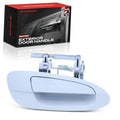 Painted exterior door handle, light blue finish with visible spring and latch
