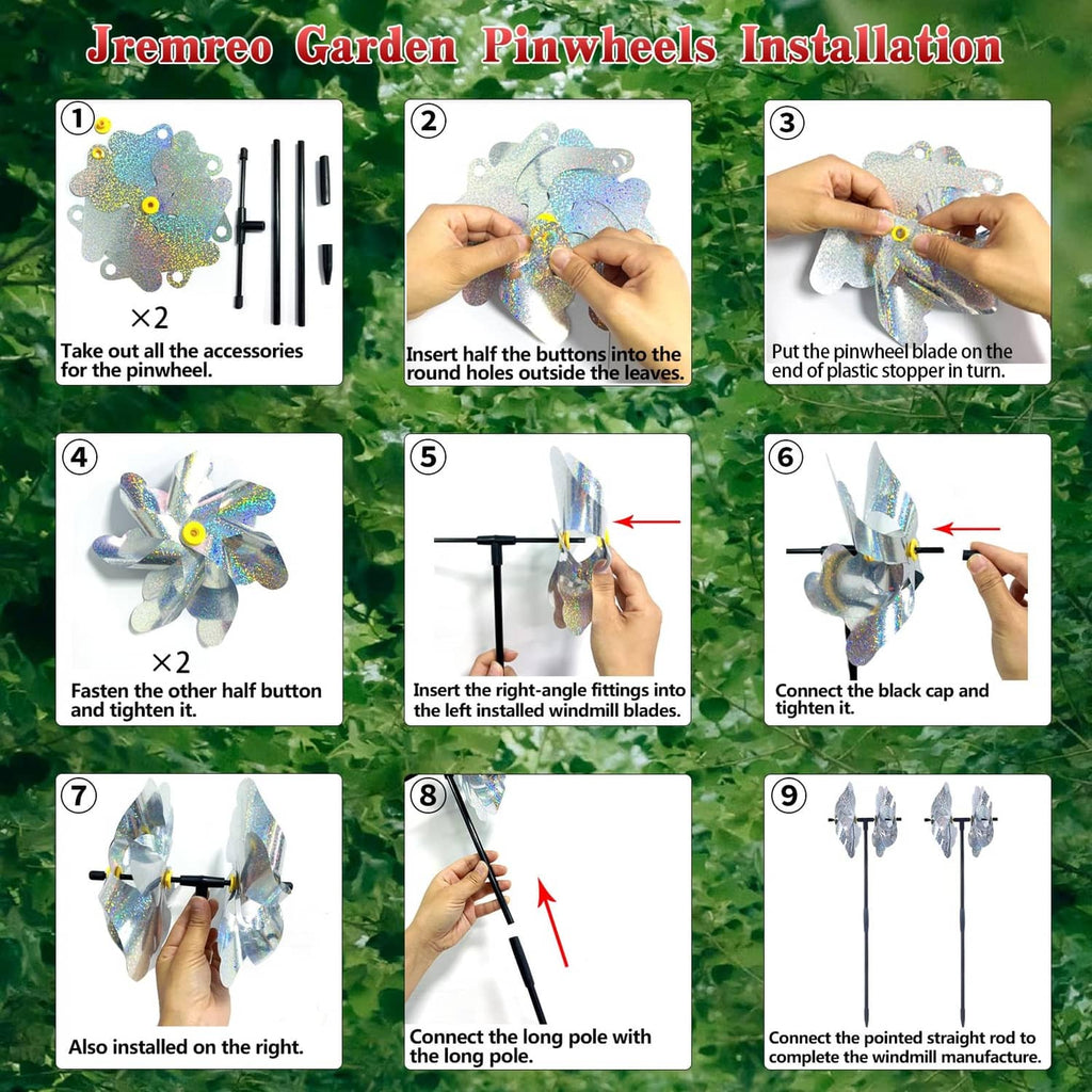 Garden pinwheel blades and stakes set for assembly, showing dual reflective design