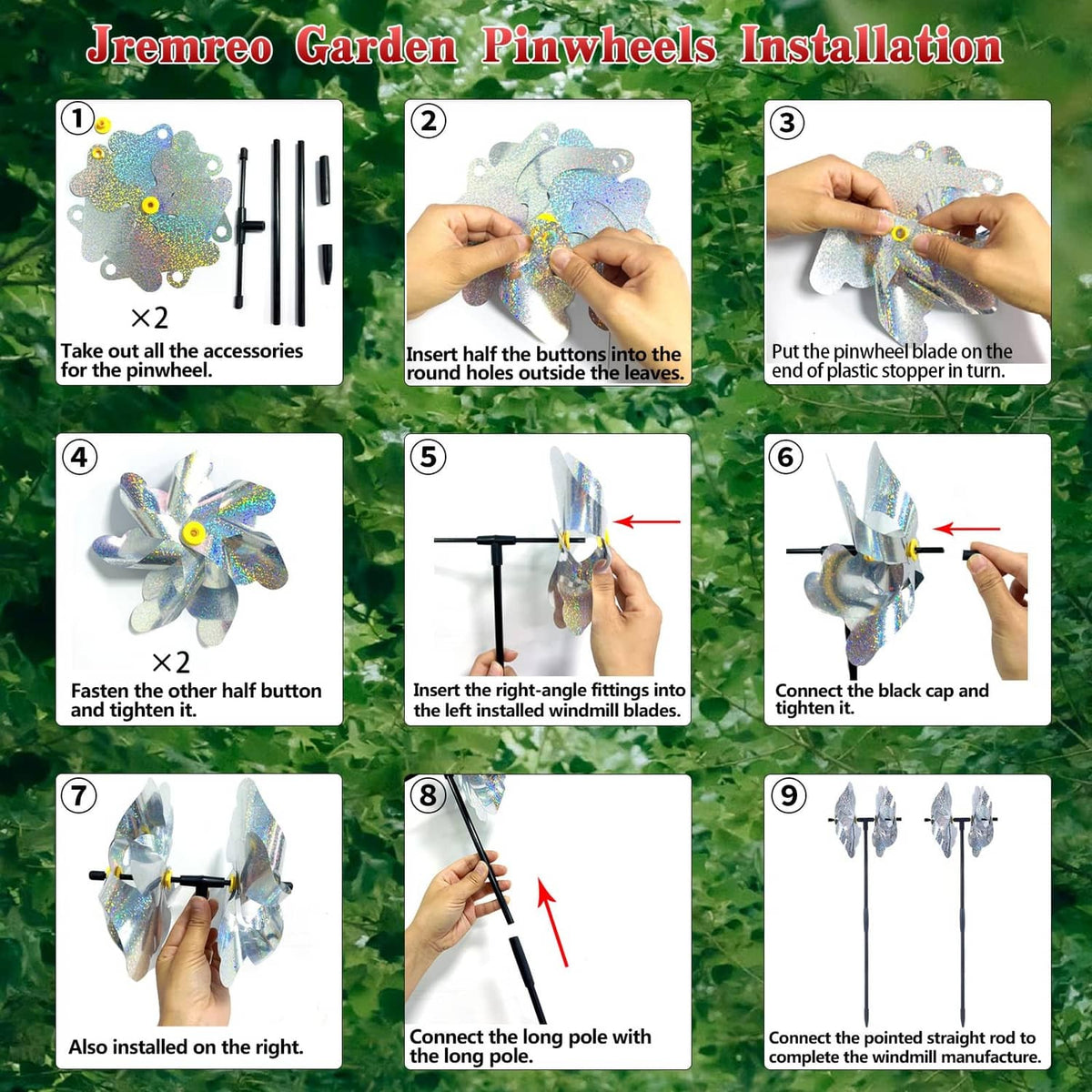 Garden pinwheel blades and stakes set for assembly, showing dual reflective design