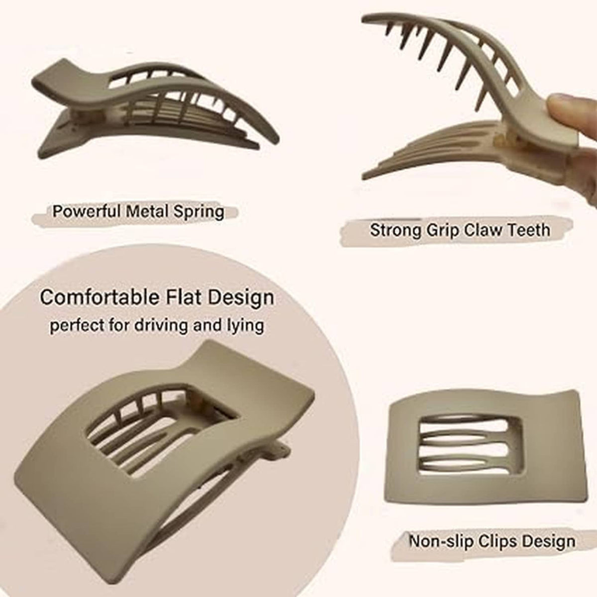 Olive square flat claw hair clips with comb teeth, strong grip design