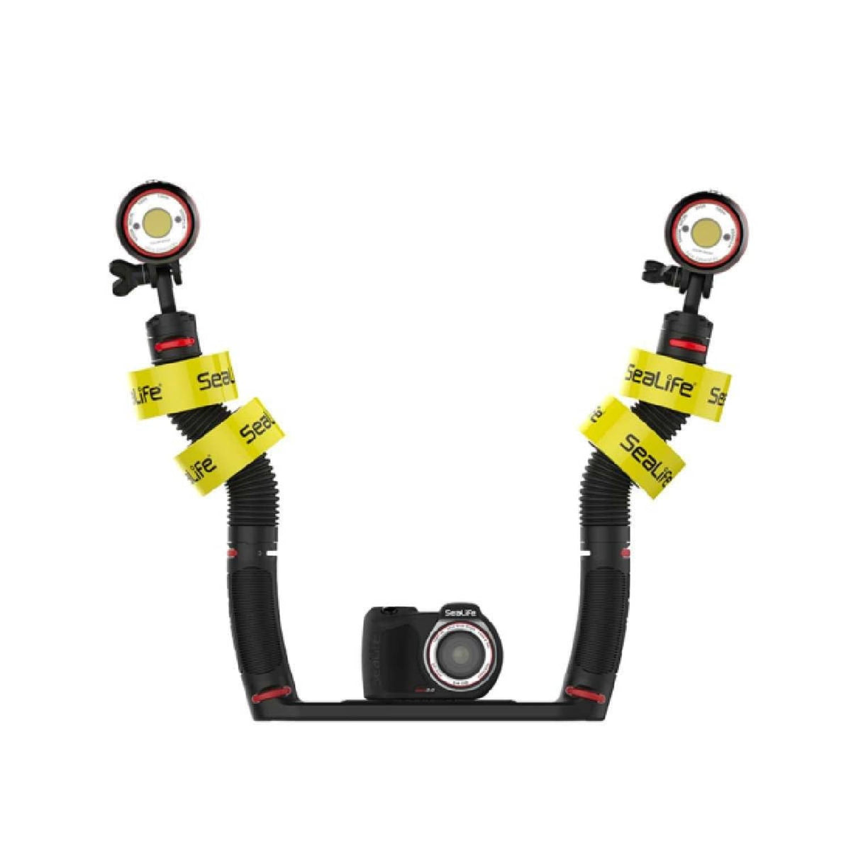 Underwater camera float with two yellow Sealiife rings, black tubing, and central camera
