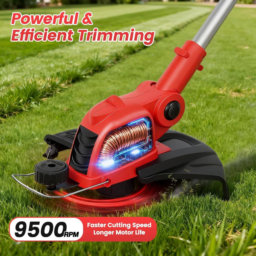 Cordless string trimmer with glowing motor vents and black cutting guard, red housing