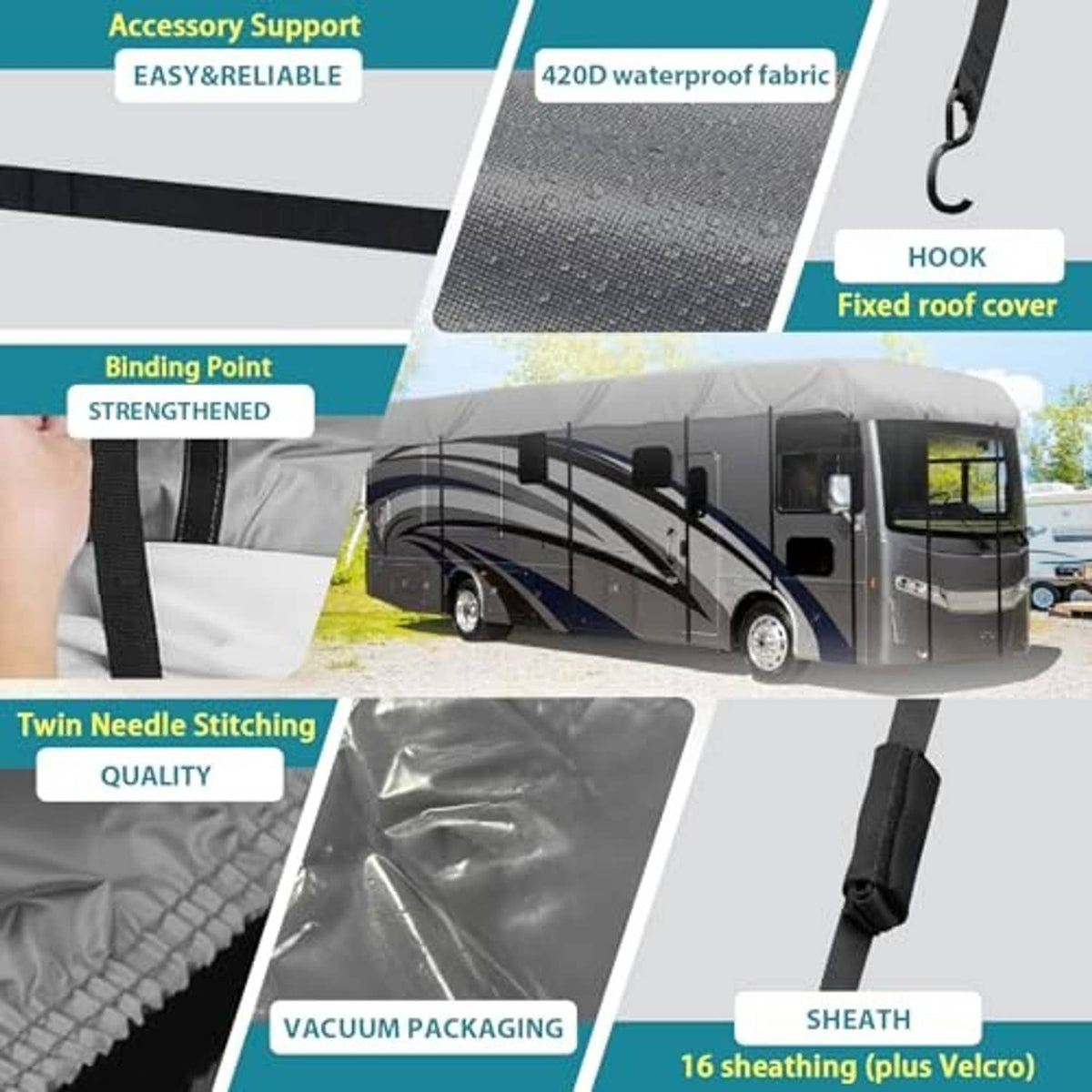 RV roof cover with reinforced webbing straps and hook details on gray fitted top