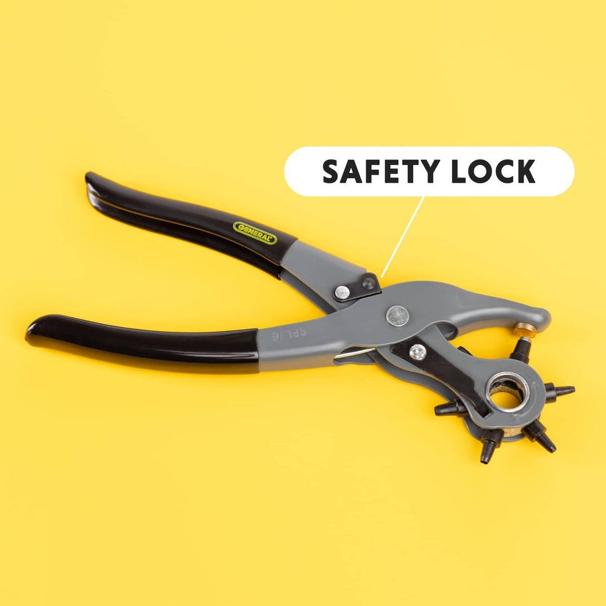 Gray and black leather hole punch pliers with safety lock and rotating punch head