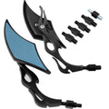 Set of black motorcycle rearview mirrors with blue-tinted lenses and mounting stems