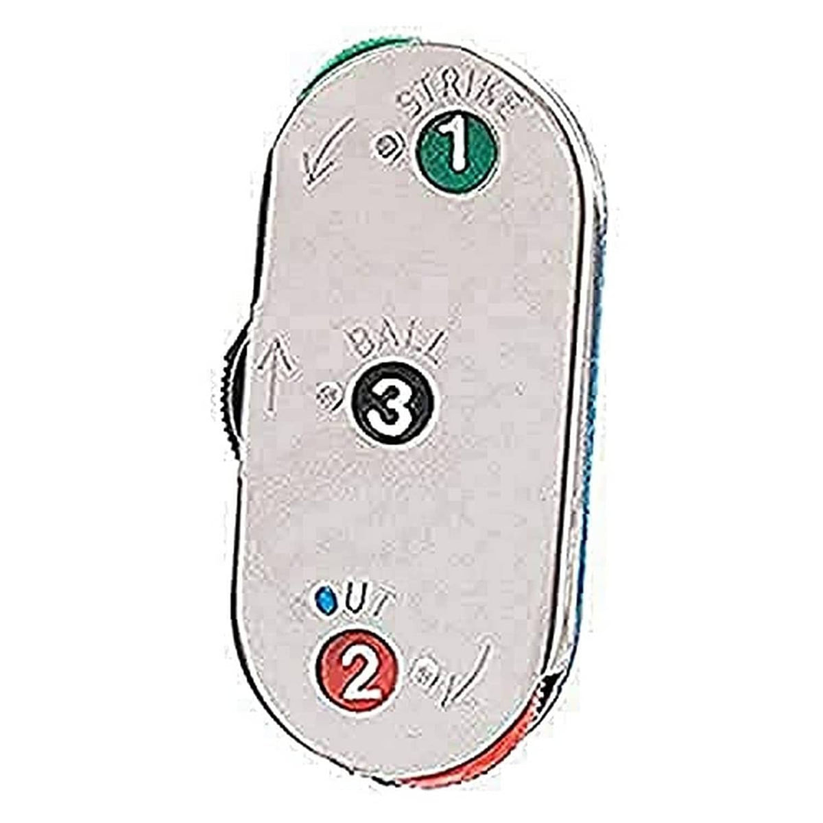 Grey metal umpire indicator board with colored 1-3 strike/out markers
