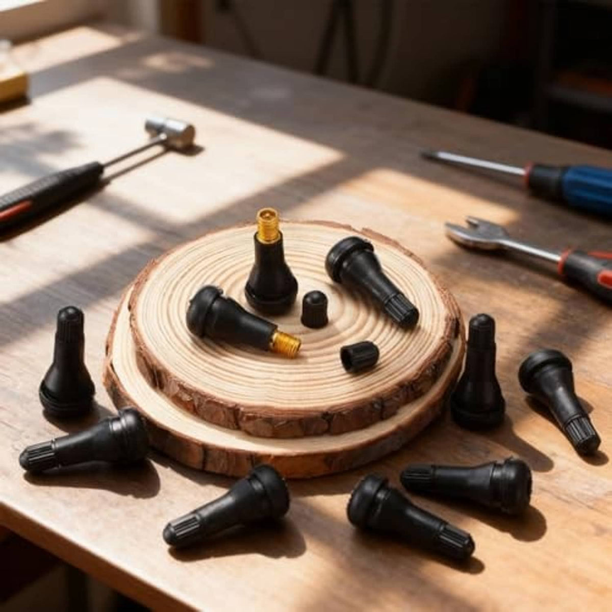 Set of black snap-in valve stems with brass valve cores on a wooden board