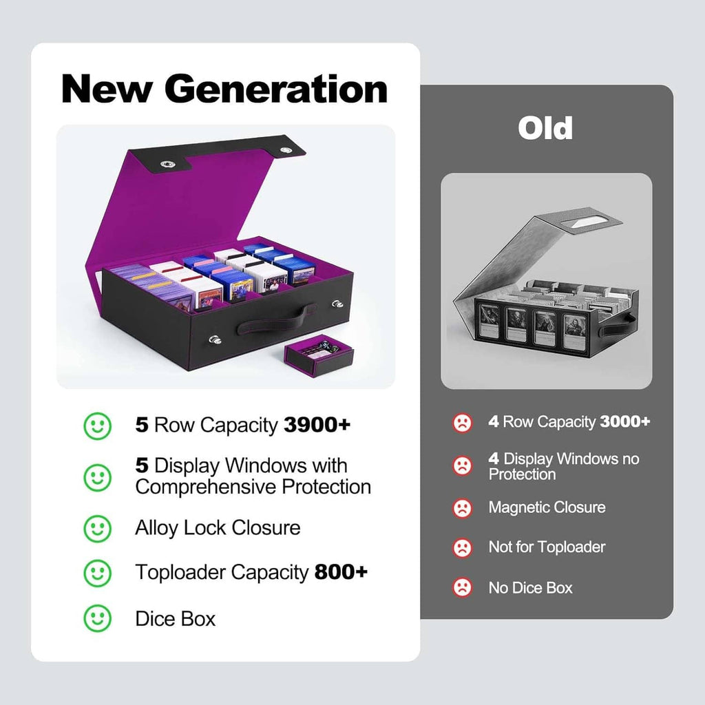 Purple and black 5-row card storage box with top lid and alloy-style lock closure