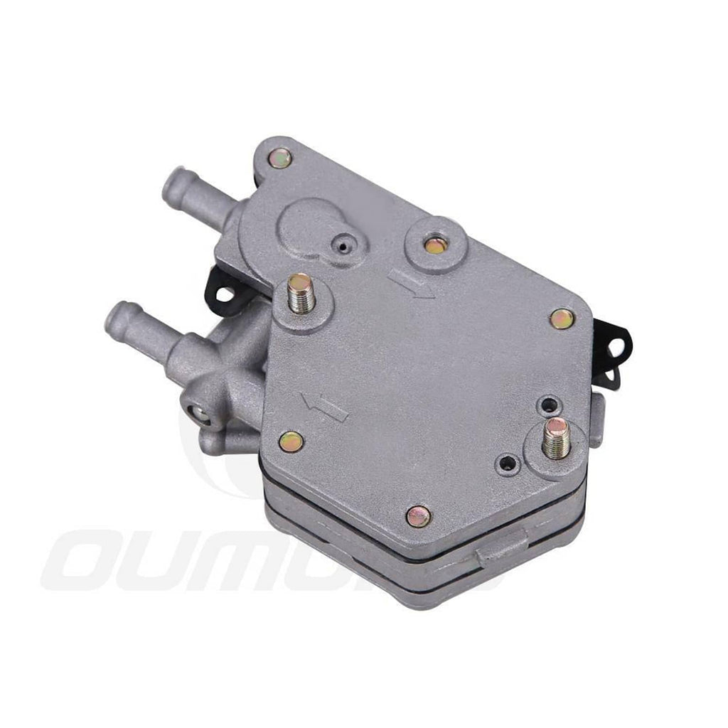 Gray fuel pump with two hose ports and top fasteners on a rectangular housing