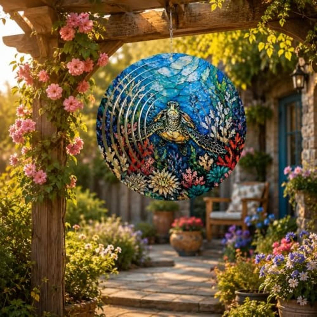 Hanging round sea turtle wind spinner with blue floral ocean scene and spiral ring blades.