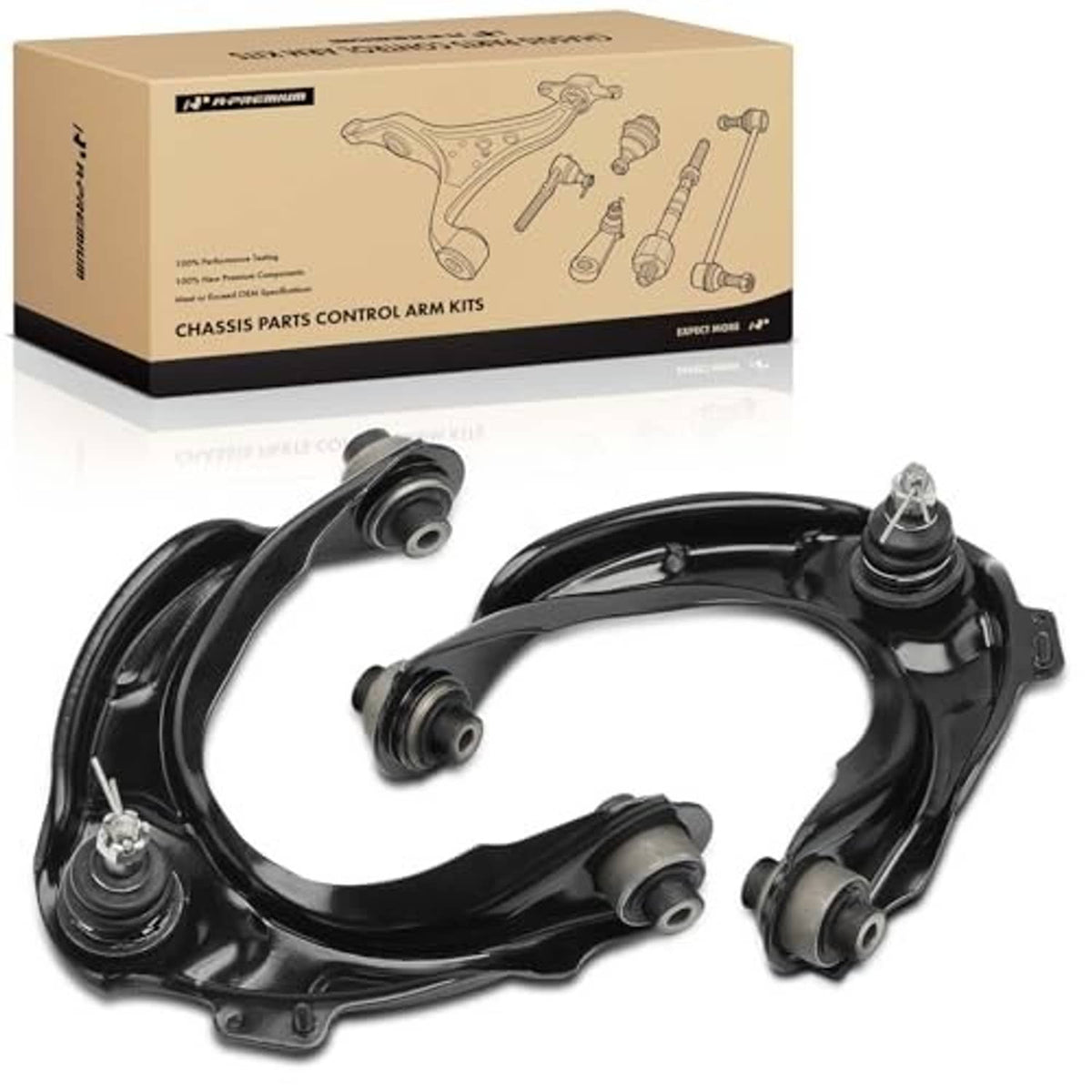 Front upper control arm kit with two black arms, ball joints, and rubber bushings