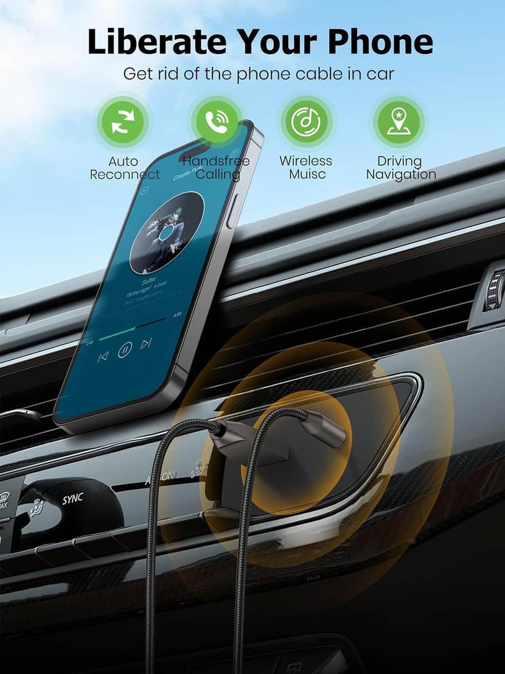Bluetooth aux adapter cable connected to car console and smartphone