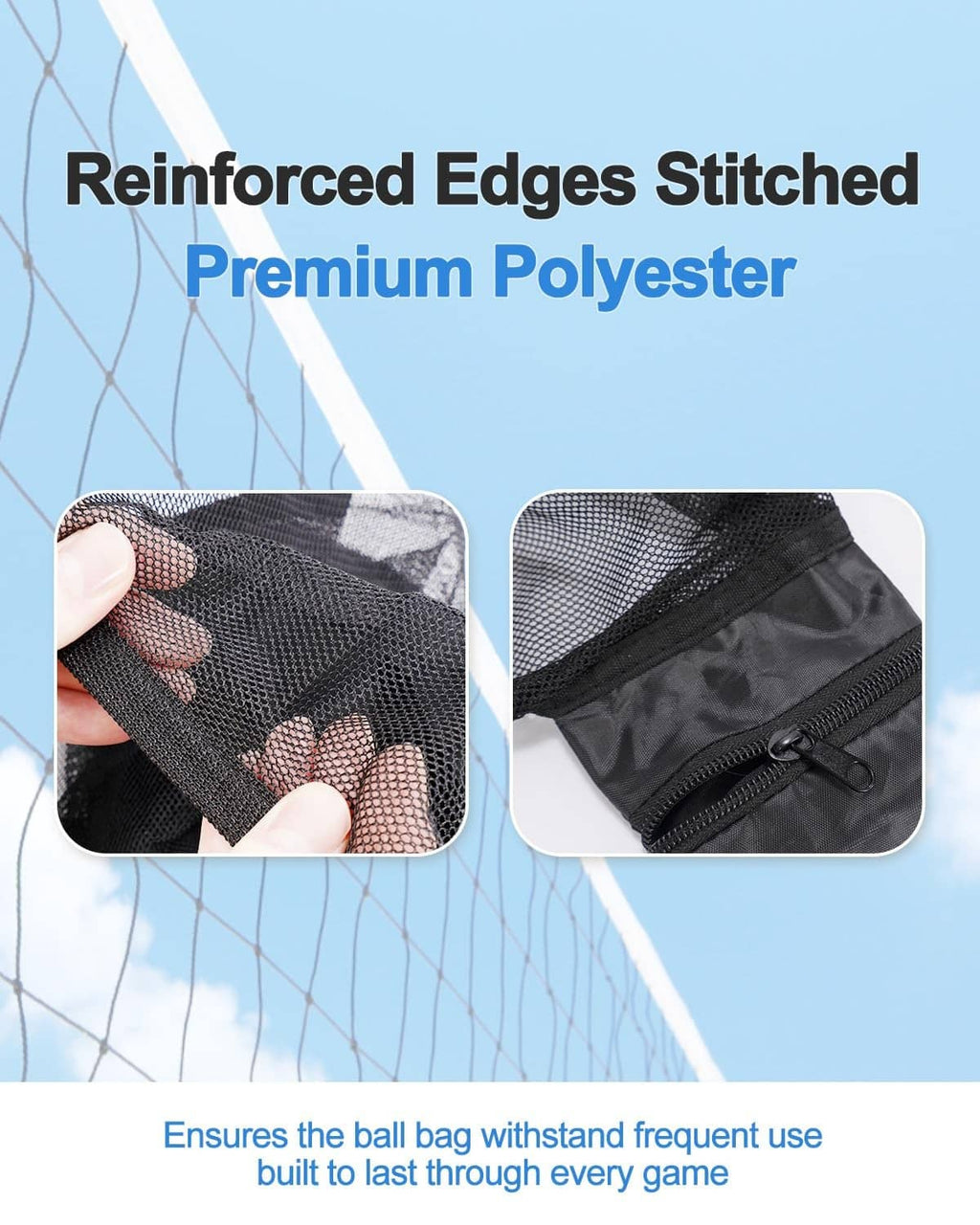 Black mesh ball bag with reinforced stitched edges and zippered pocket