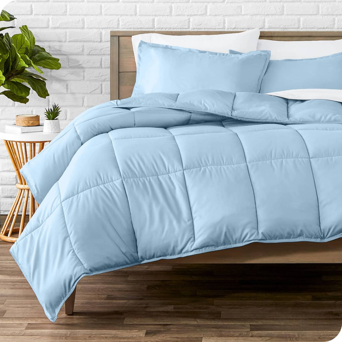Light blue full comforter set with matching pillow shams, quilted down-alternative fill