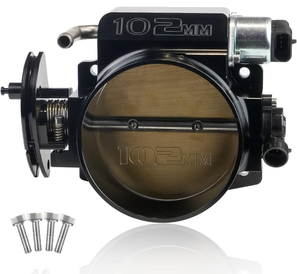 102mm aluminum throttle body with gold interior plate, TPS/IAC connectors, and bolts