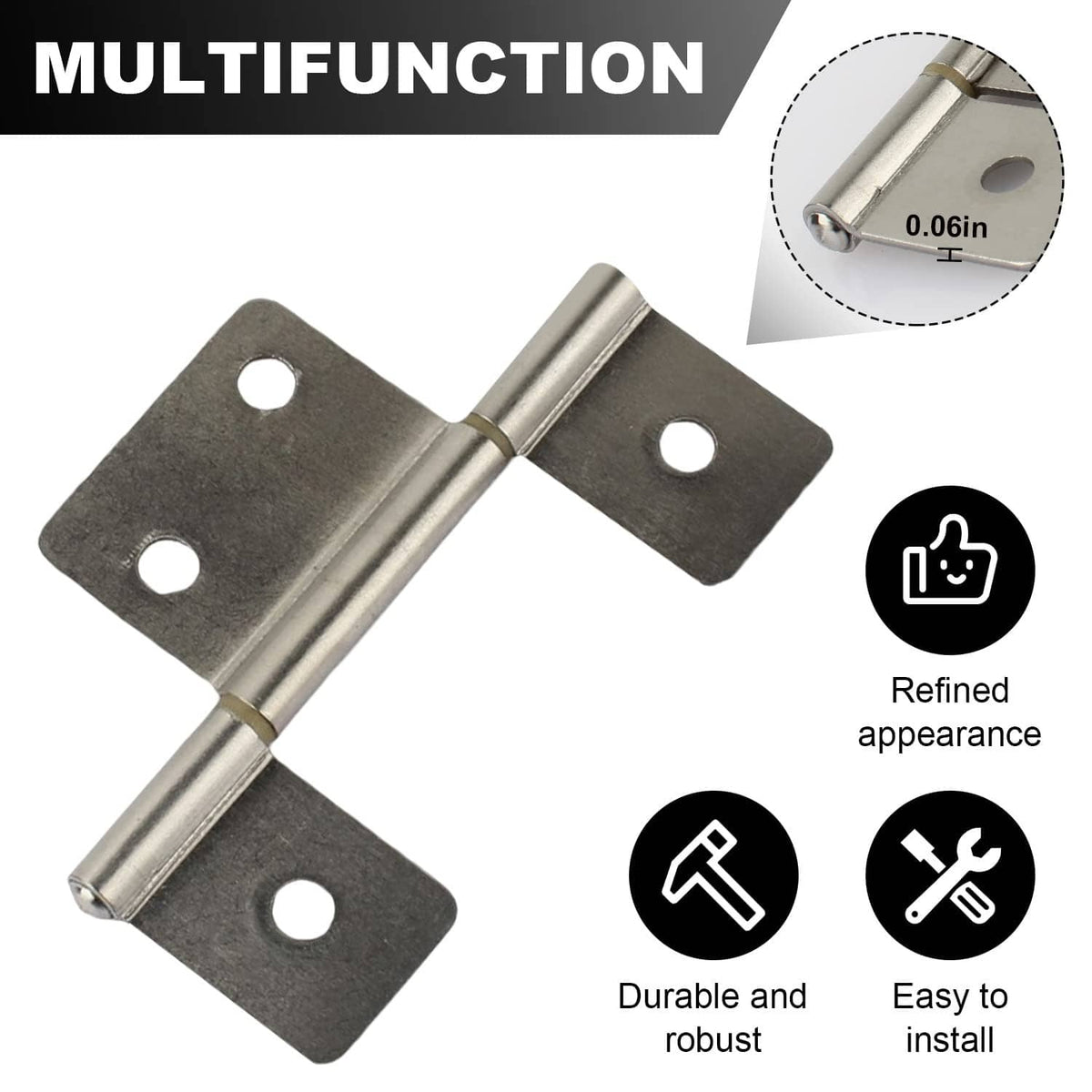 Two-piece metal butt hinge with hinge pin, four mounting holes