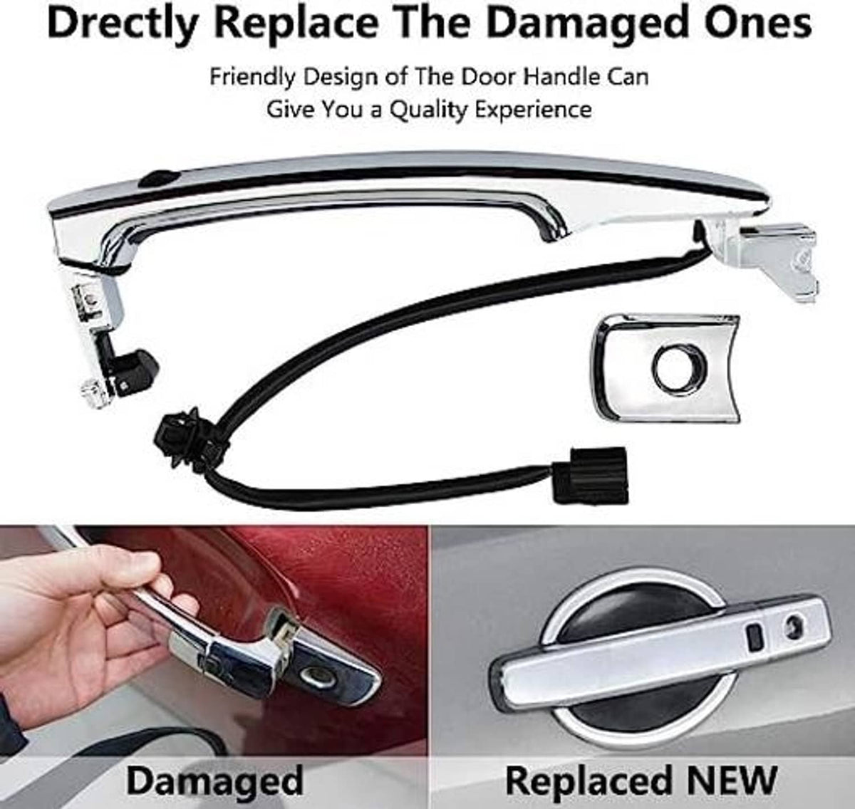 Chrome door handle assembly with black wiring and connector clips, replacement set